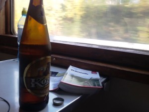 Mit Bier und Reiseführer im Zug